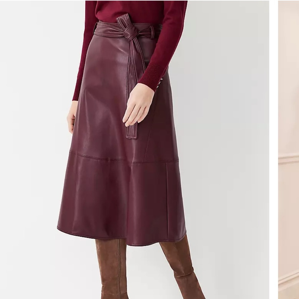 Seamed Faux Leather Tie Waist Midi Skirt - Picture 2 of 6